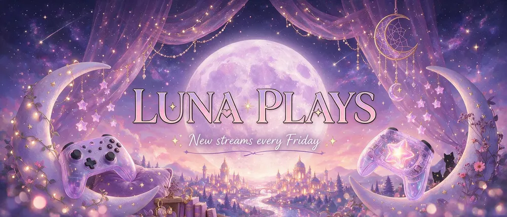 Gaming channel banner with the text Luna Plays over a moonlit fantasy landscape