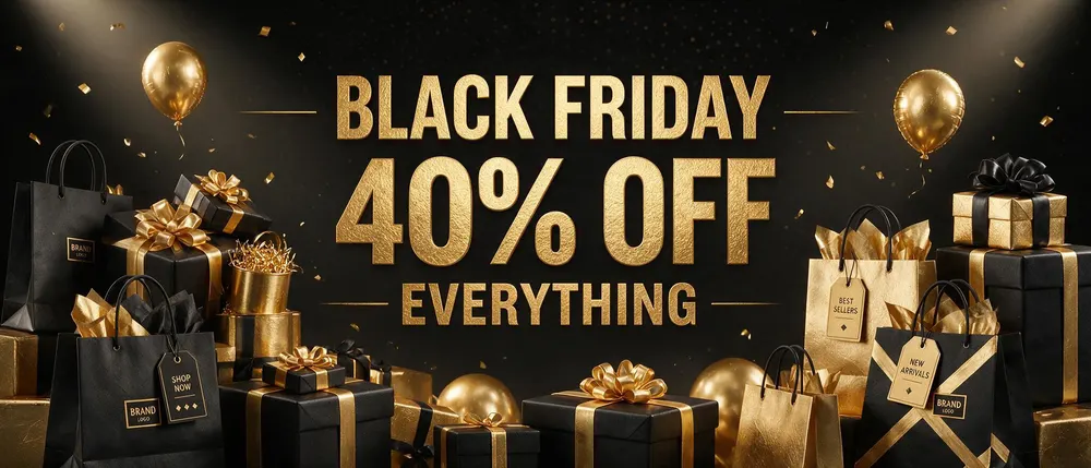 Black Friday sale banner with 40% off everything in black and gold