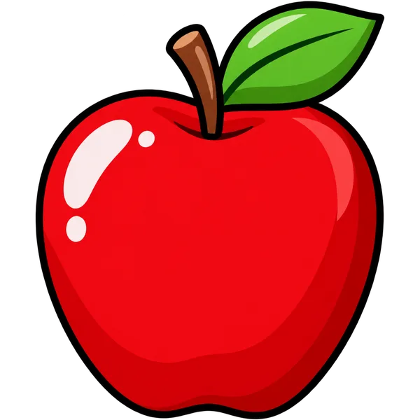 Clipart of a shiny red apple with a green leaf on a transparent background