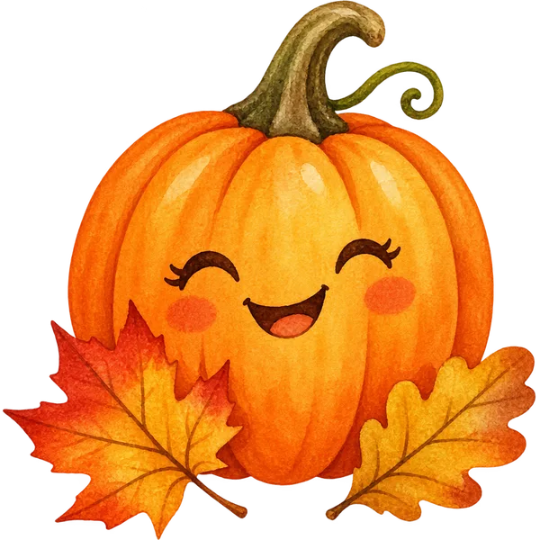 Watercolor clipart of a smiling pumpkin with autumn leaves