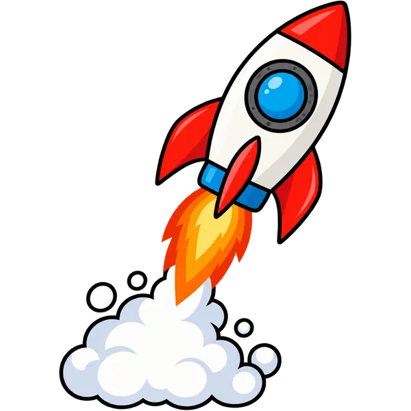 Clipart of a cartoon rocket blasting off with a puff of smoke