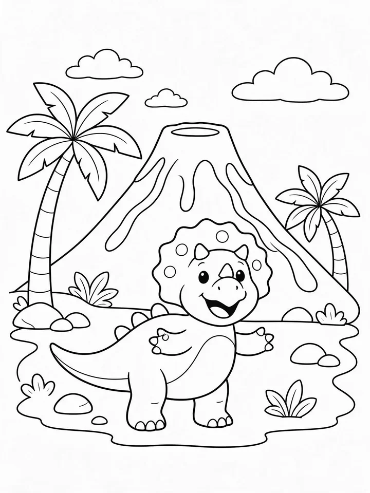 Coloring page of a friendly dinosaur with a volcano and palm trees