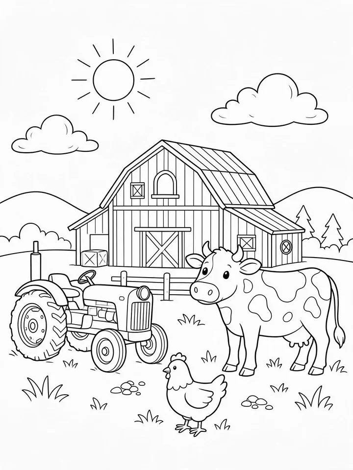 Coloring page of a farm with a barn, tractor, cow and chicken