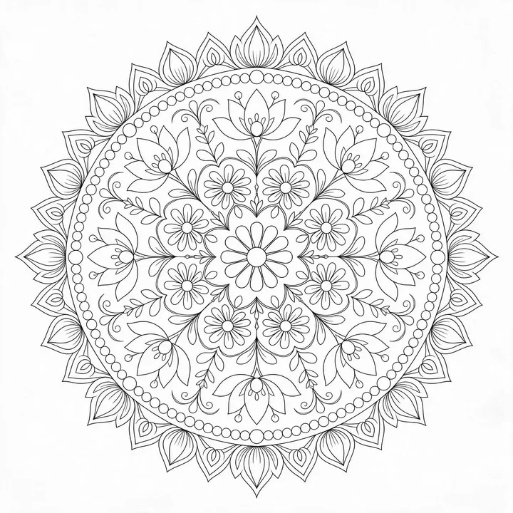 Detailed floral mandala coloring page for adults
