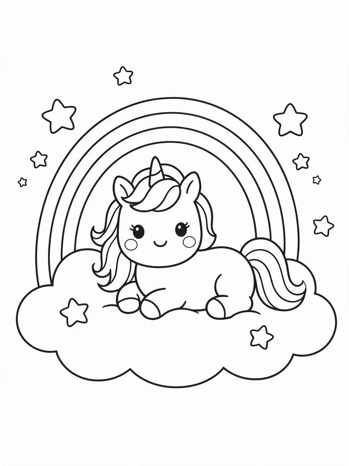 Coloring page of a unicorn on a cloud with stars and a rainbow