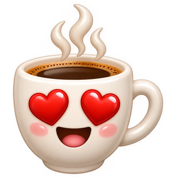 Emoji of a coffee cup with heart eyes and steam