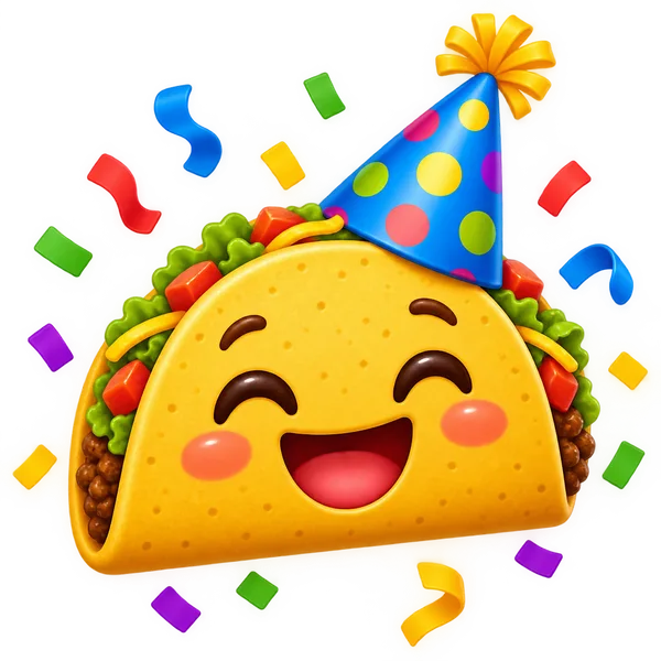 Emoji of a happy taco wearing a party hat with confetti