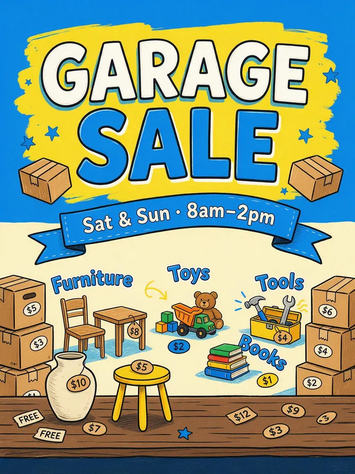 Garage sale flyer with boxes and price tags