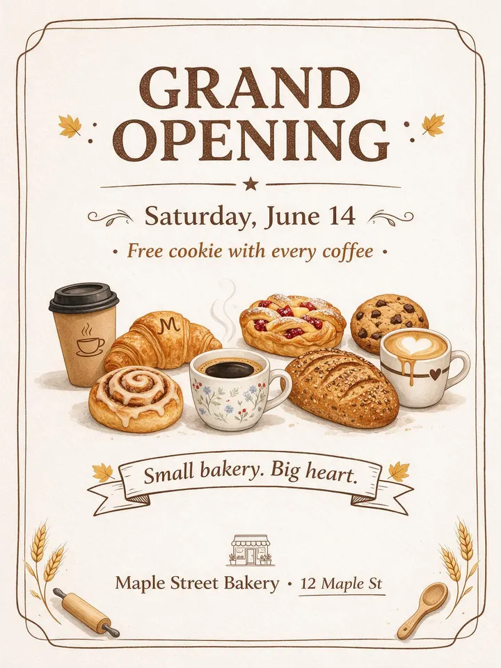Grand opening flyer for a bakery cafe with pastries and coffee