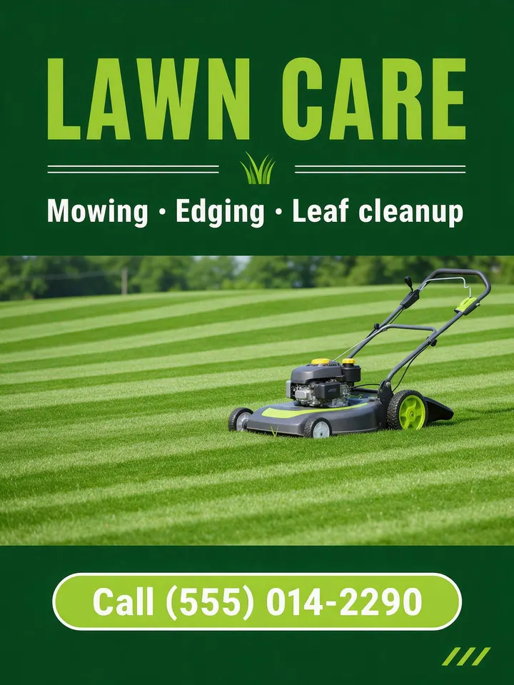 Lawn care service flyer with a striped lawn and a mower