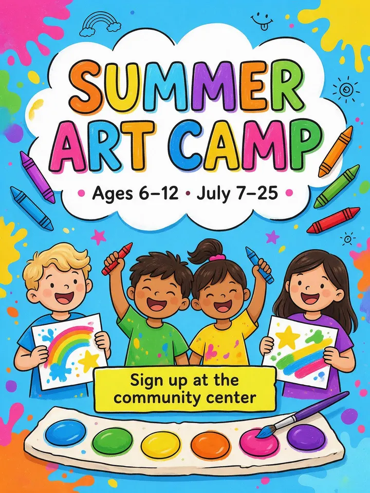 Kids summer art camp flyer with paint splashes and crayons