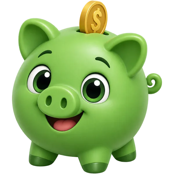 Friendly green piggy bank mascot with a coin