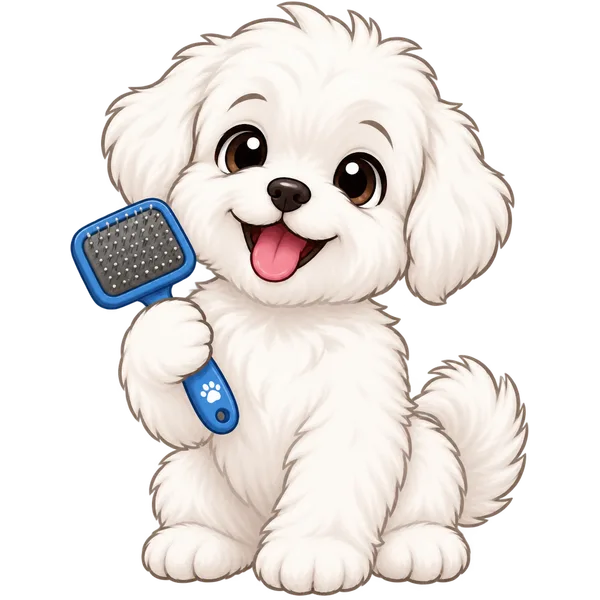 Fluffy white puppy mascot holding a grooming brush