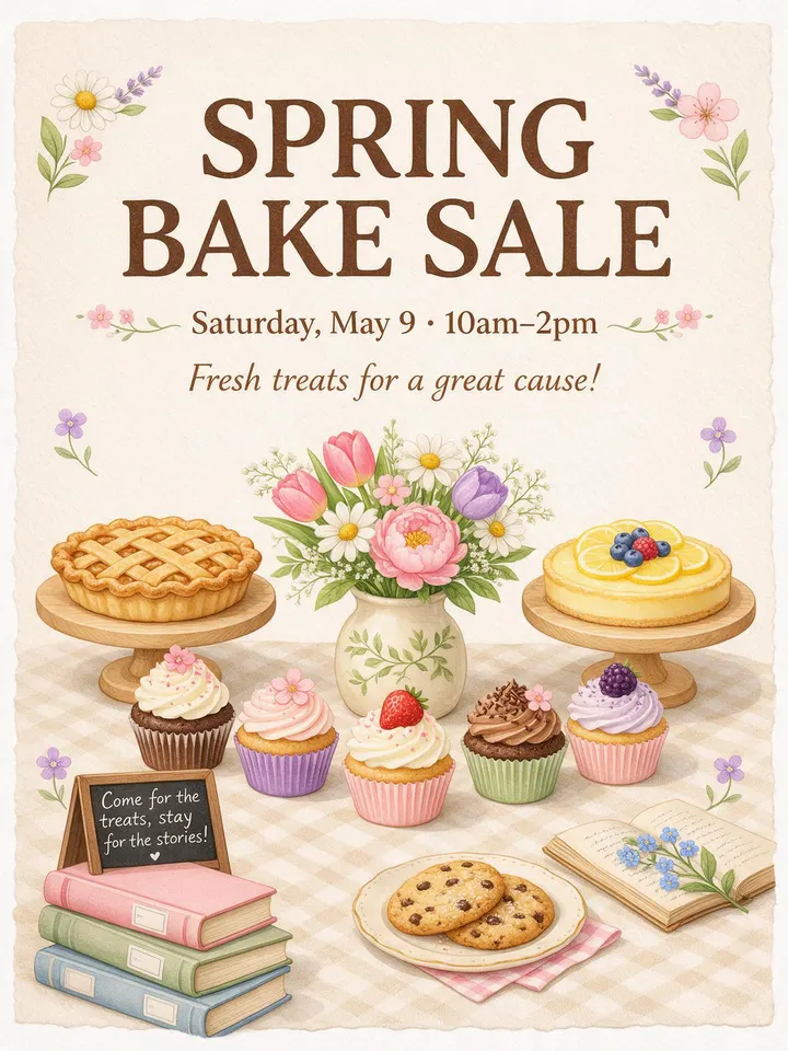 Spring bake sale poster with cupcakes, pies and flowers