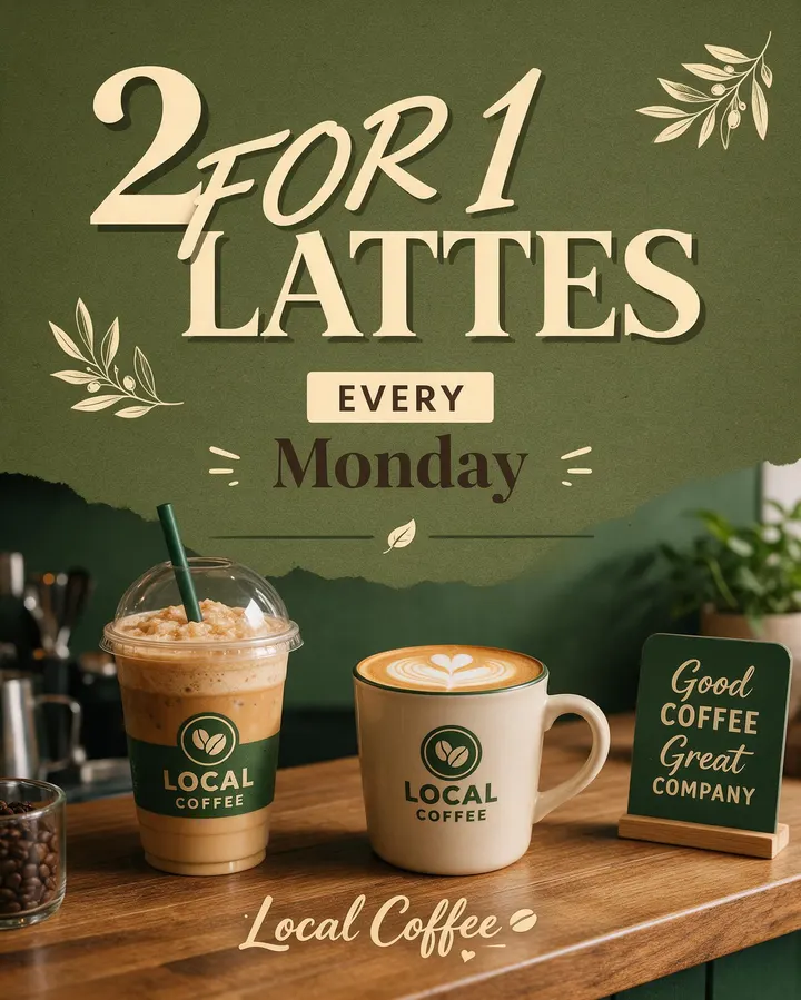 Coffee shop poster saying 2 for 1 lattes every Monday