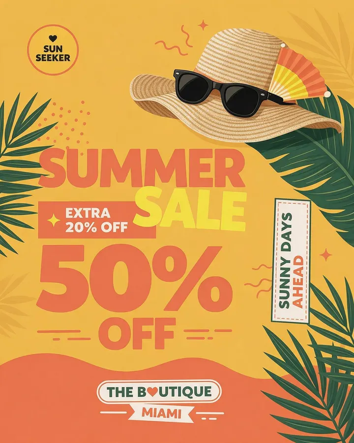 Summer sale poster with 50% off, a straw hat and sunglasses
