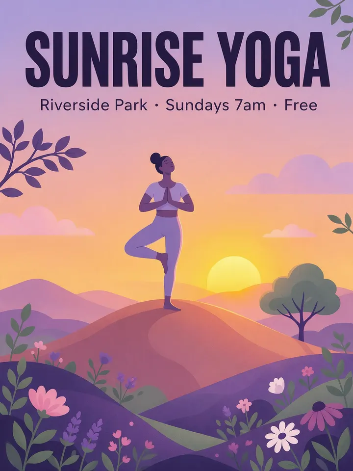 Sunrise yoga poster with a person in tree pose on a hill