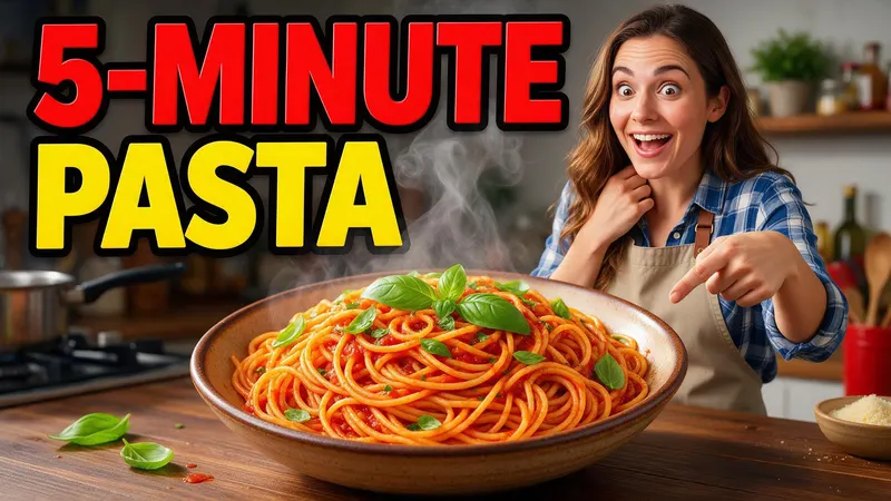Cooking thumbnail with the title 5-Minute Pasta and a surprised cook