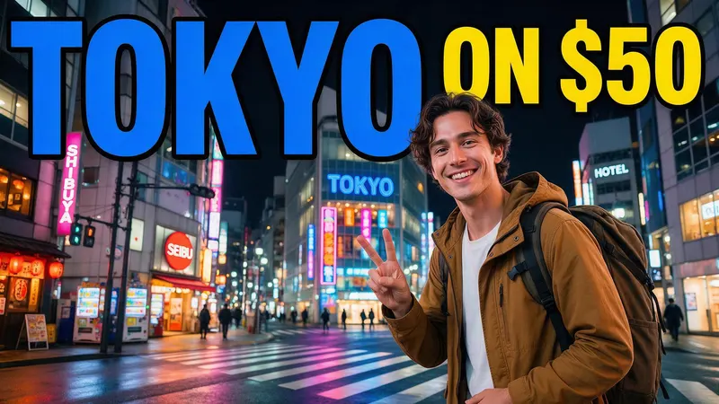 Travel thumbnail with the title Tokyo on $50 and a smiling traveler at night